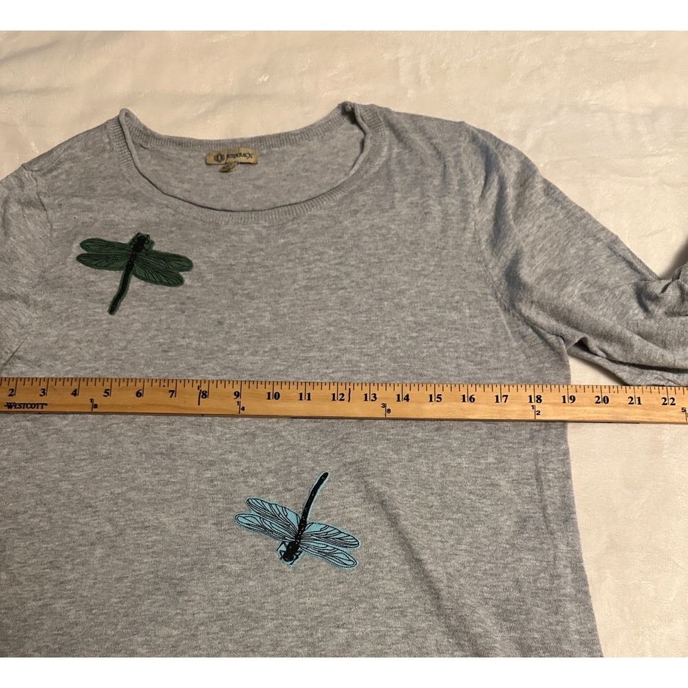 Democracy Womens Gray Dragonfly Embroidered Bell Sleeve Cotton Sweater Top L - Picture 15 of 15